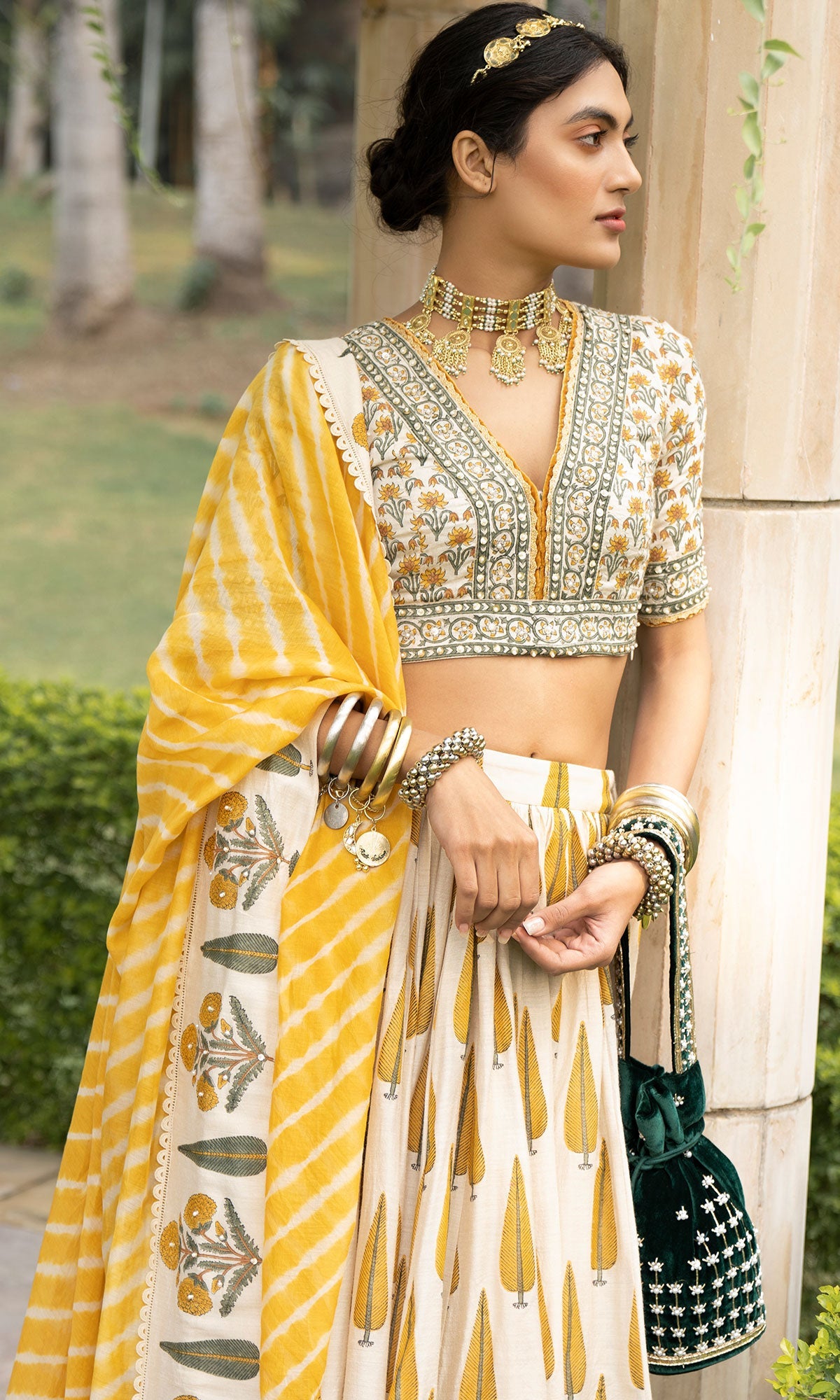 Bareen Mughal Mustard Yellow Block Printed Lehenga Set With Lehariya dupatta - Set Of 3