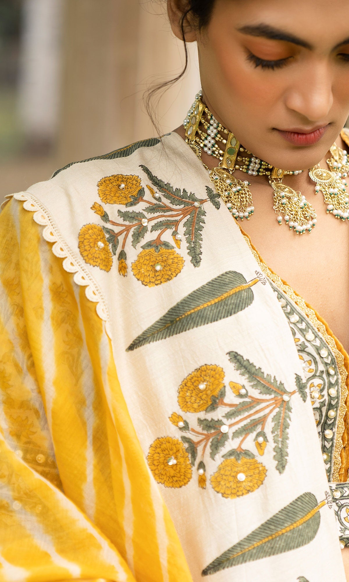 Bareen Mughal Mustard Yellow Block Printed Lehenga Set With Lehariya dupatta - Set Of 3