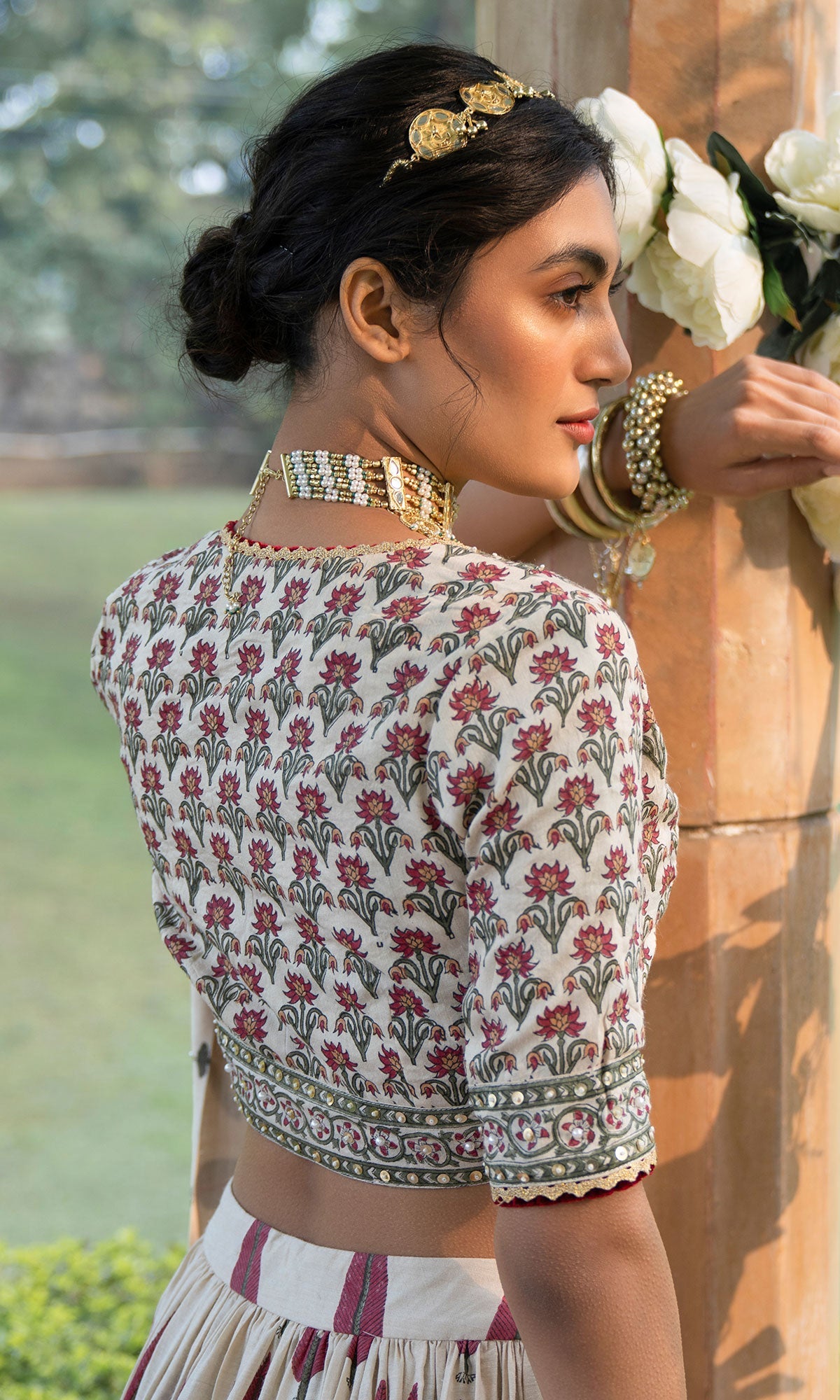 Bareen Mughal Red Block Printed Lehenga Set With Lehariya dupatta - Set Of 3 - Red