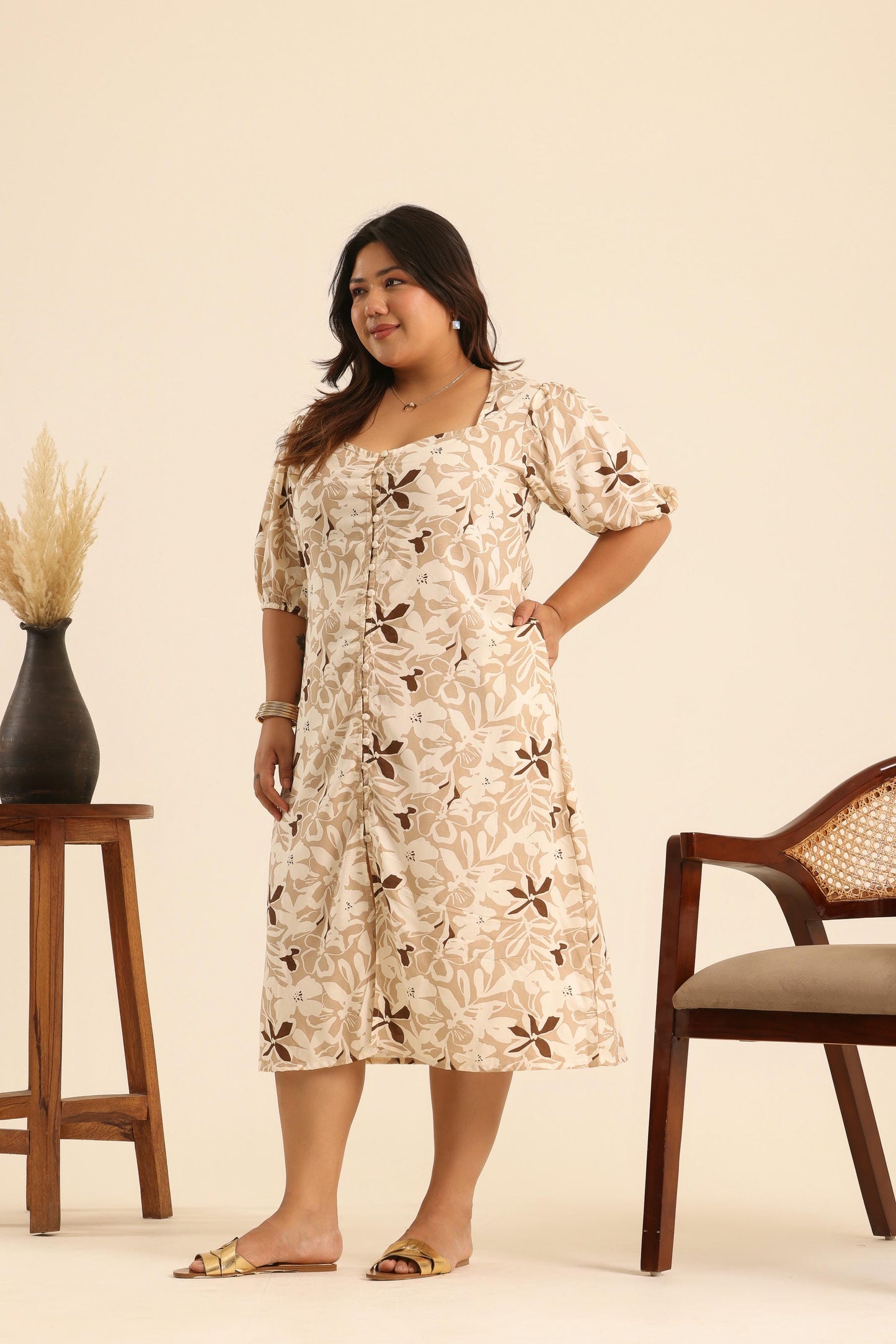 Nazaakat Nutty Latte Printed Midi Dress