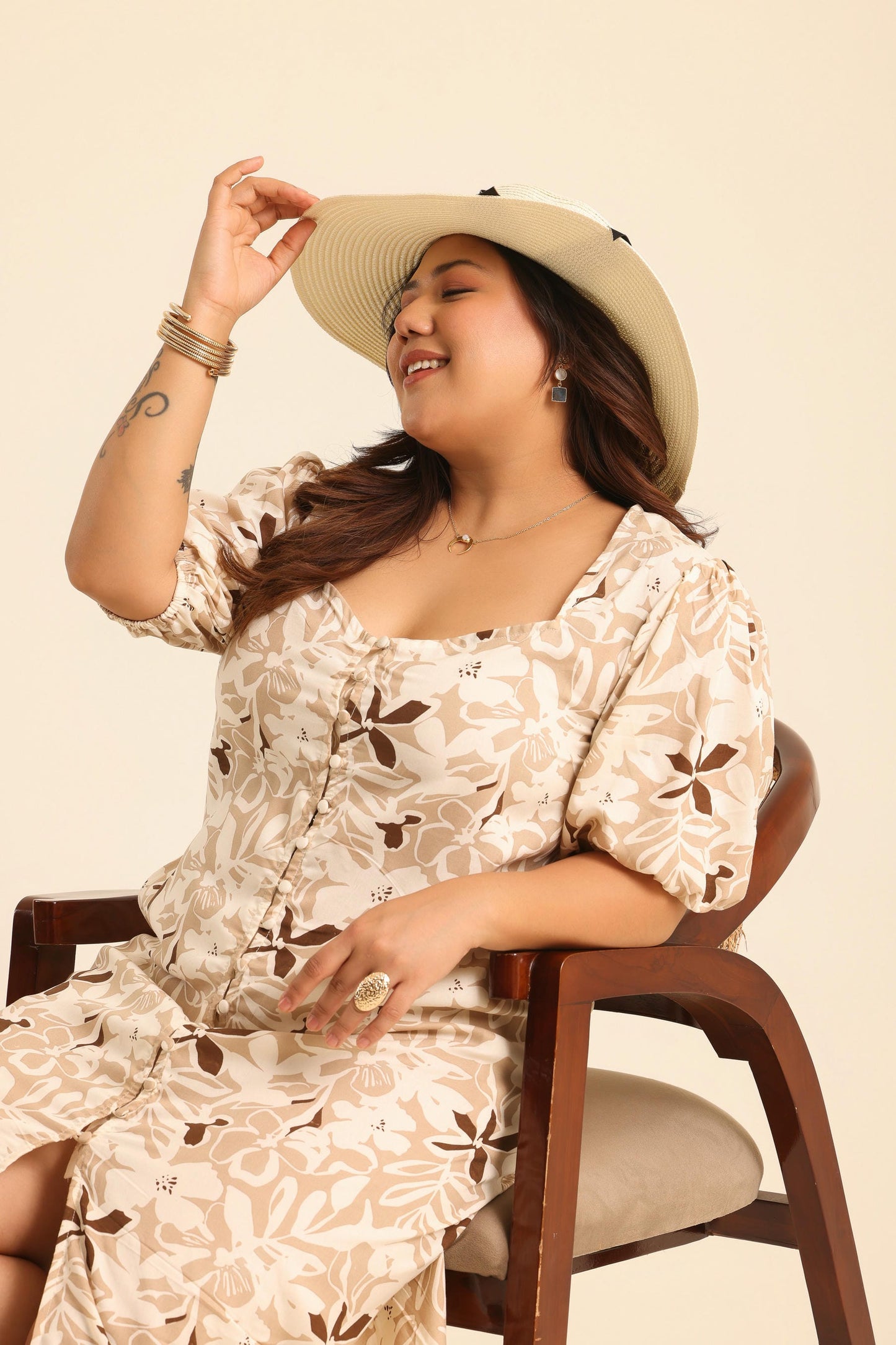 Nazaakat Nutty Latte Printed Midi Dress