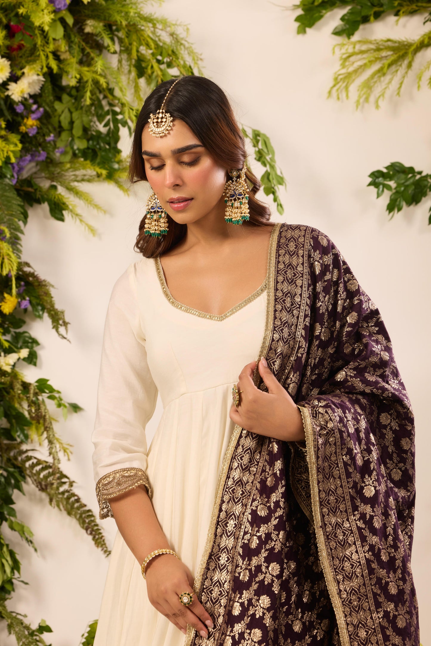 Mastaani Classic Ivory Anarkali Set - Purple Dupatta