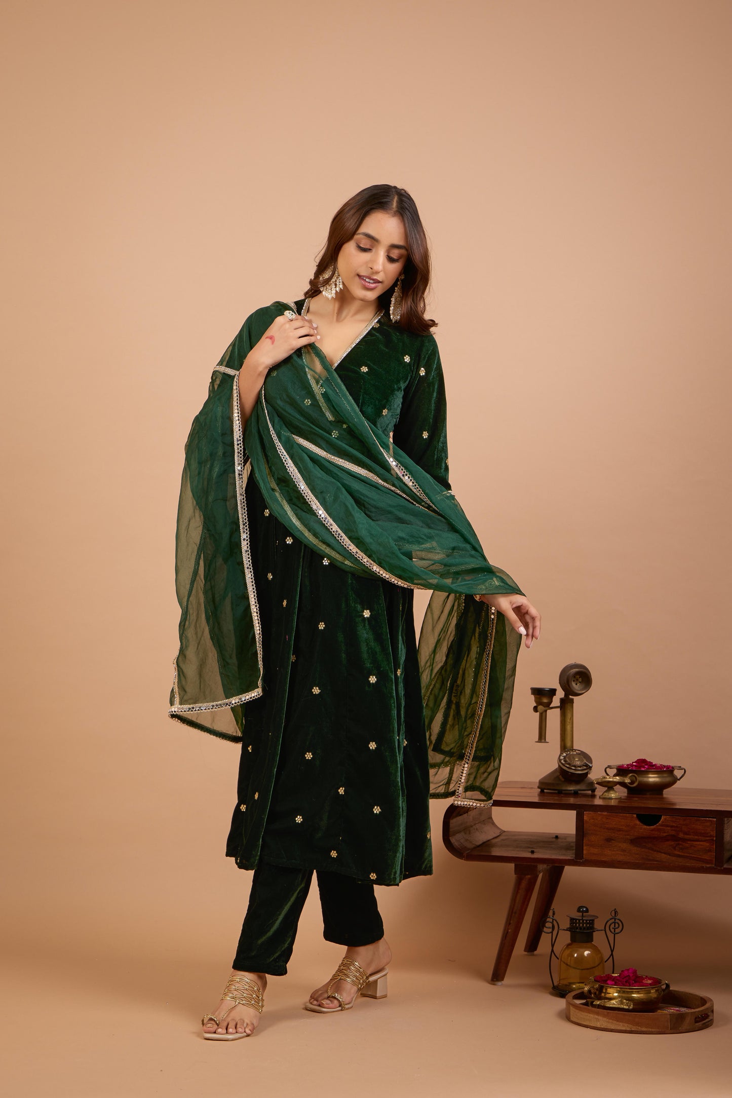 Nazaakat Jugni Emerald Glow Velvet Anarkali Set