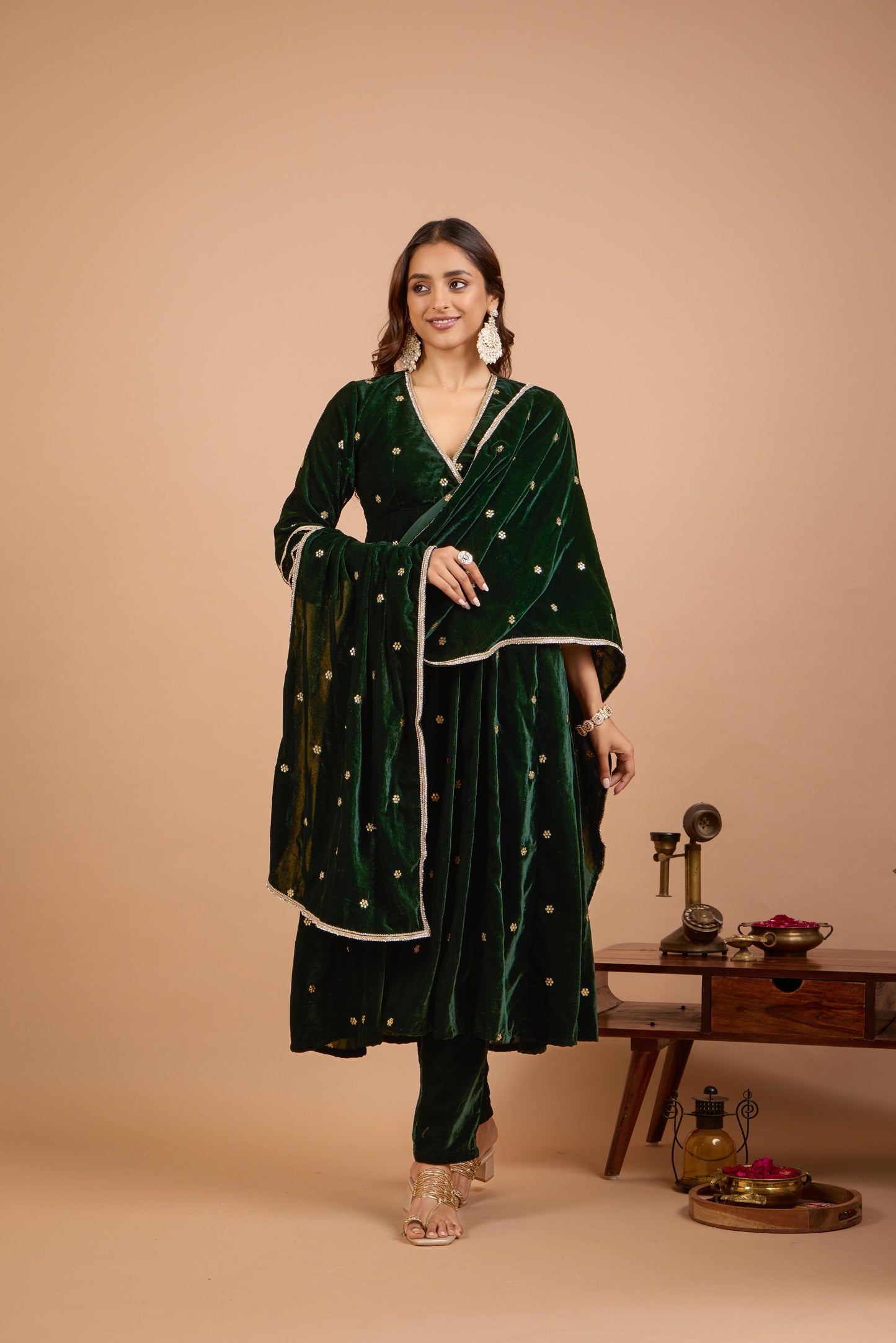 Nazaakat Jugni Emerald Glow Velvet Anarkali Set
