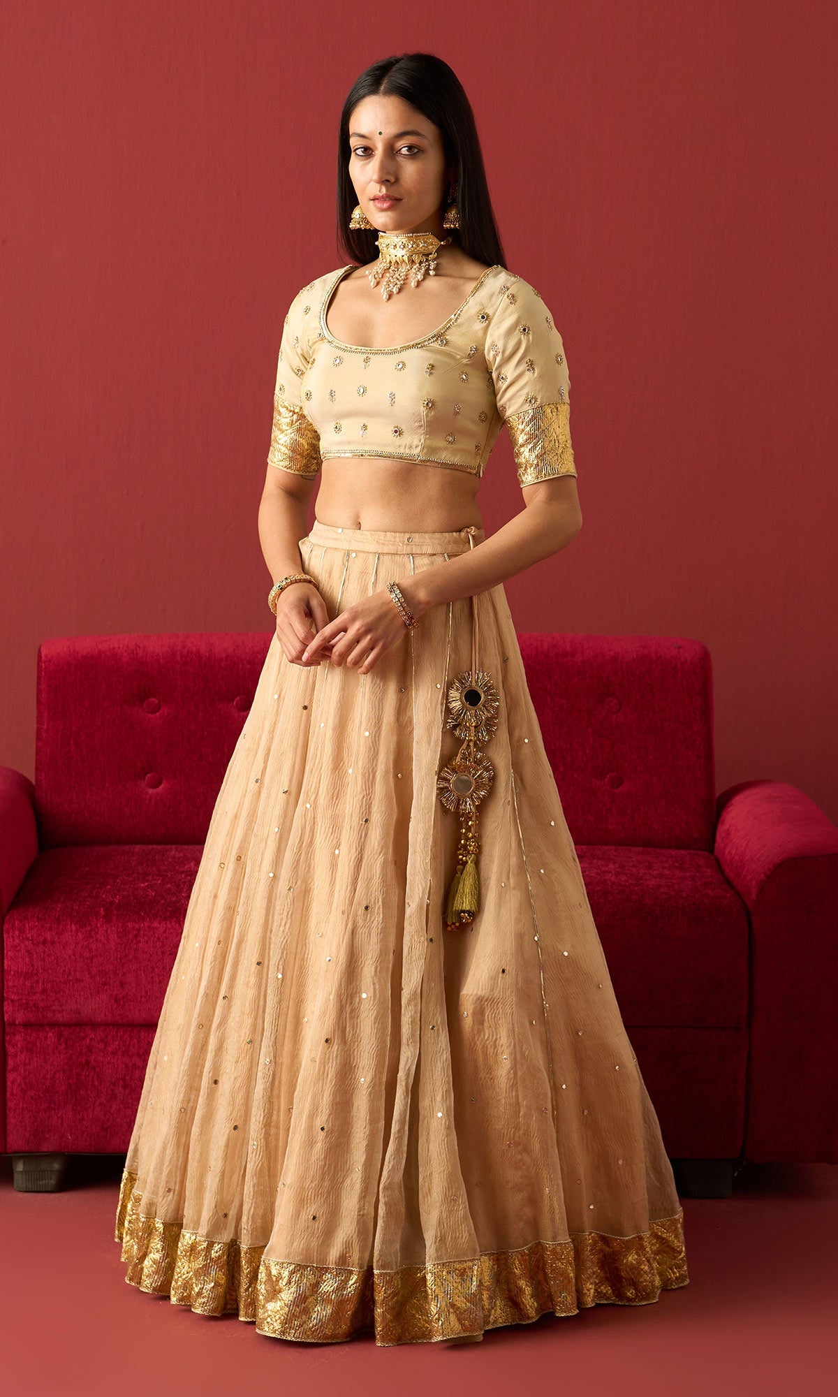 Rangeela Gold crush tissue lehenga with embroidered blouse and tissue dupatta( set of 3)