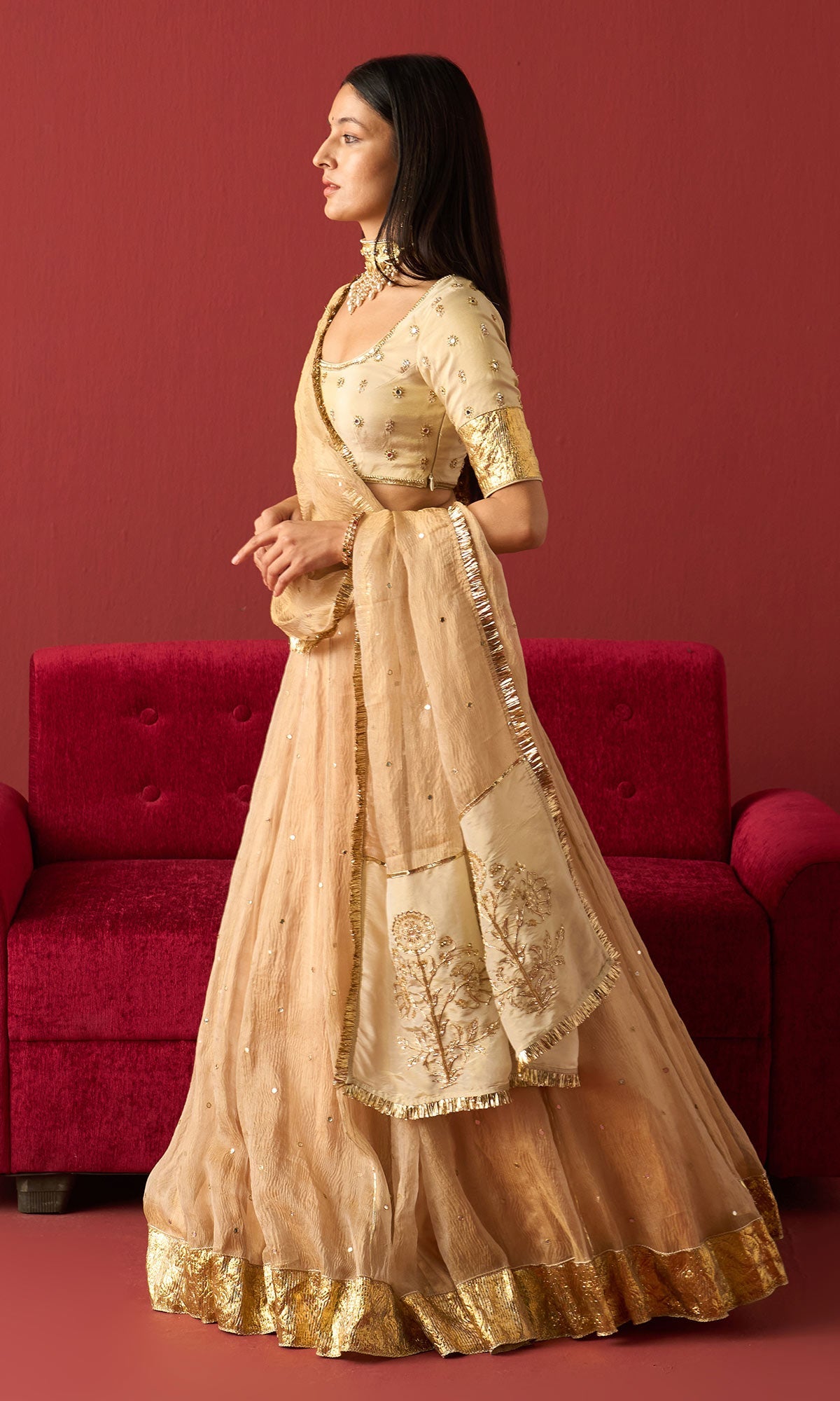 Rangeela Gold crush tissue lehenga with embroidered blouse and tissue dupatta( set of 3)