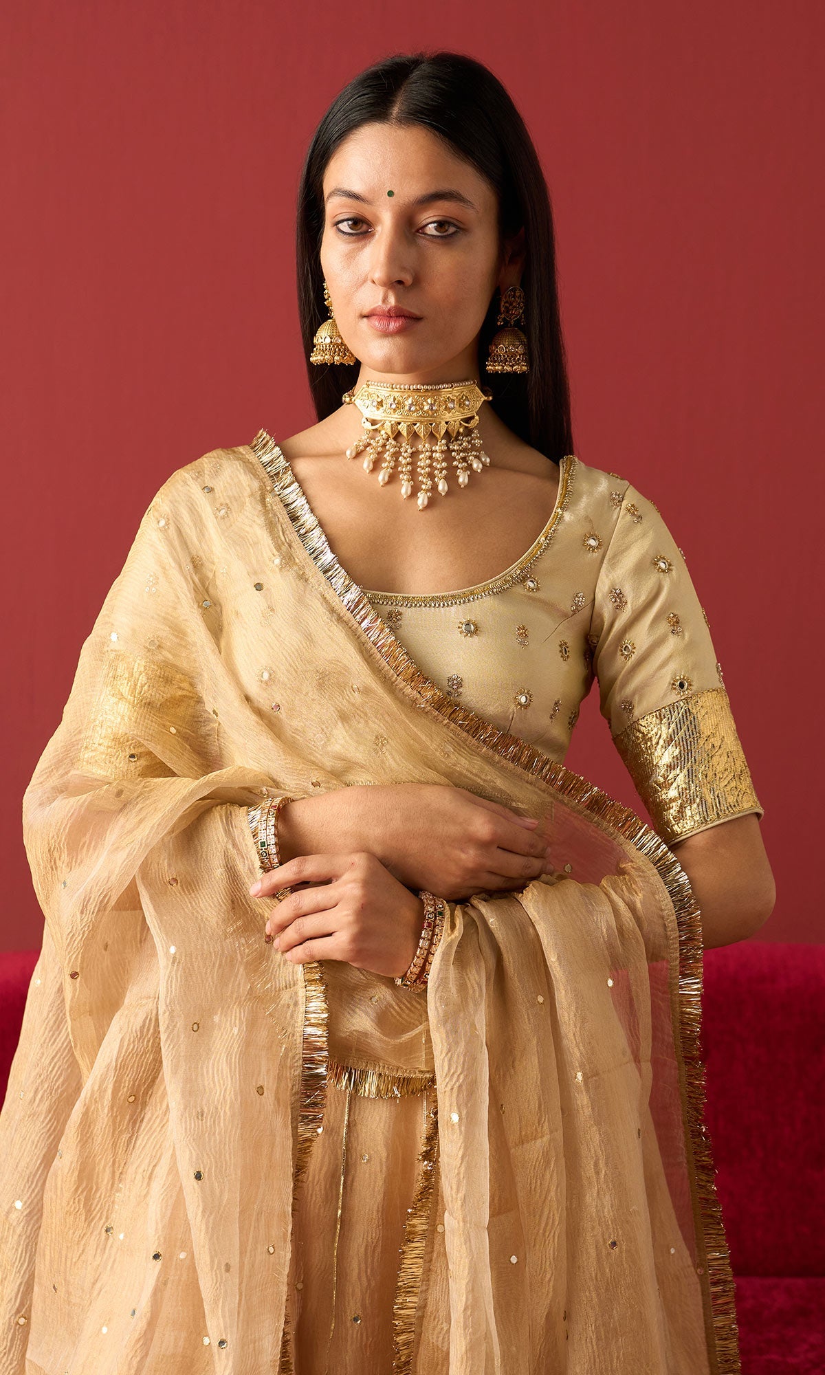 Rangeela Gold crush tissue lehenga with embroidered blouse and tissue dupatta( set of 3)