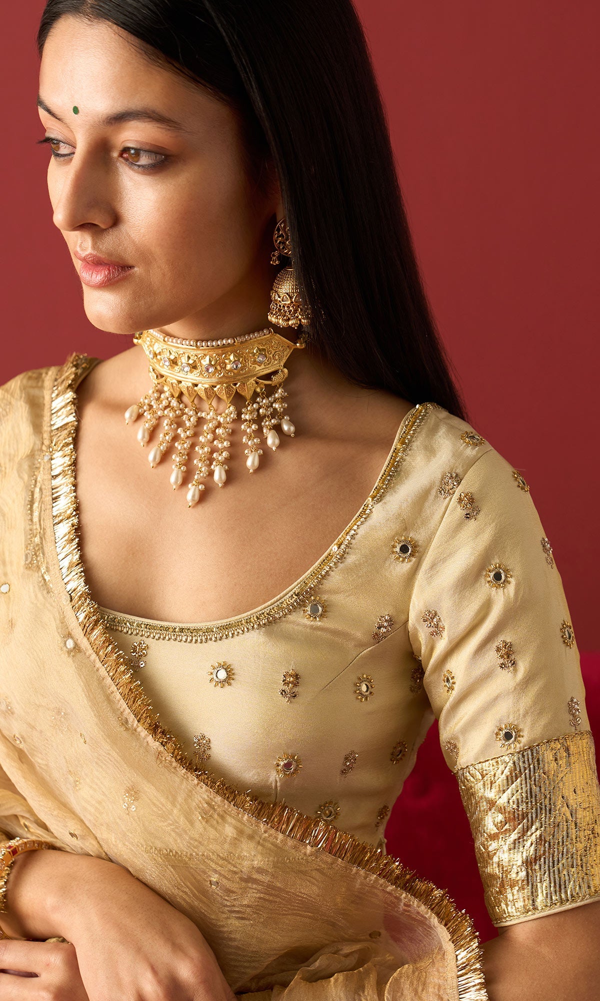 Rangeela Gold crush tissue lehenga with embroidered blouse and tissue dupatta( set of 3)