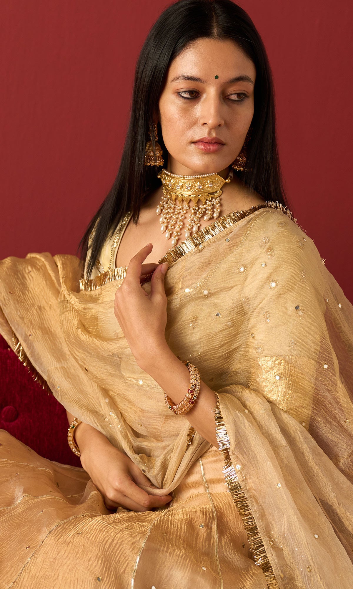Rangeela Gold crush tissue lehenga with embroidered blouse and tissue dupatta( set of 3)