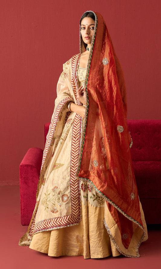 Rangeela Ivory gold Red tissue Mughal block print patch work lehenga with blouse and  2 dupattas ( set of 4)