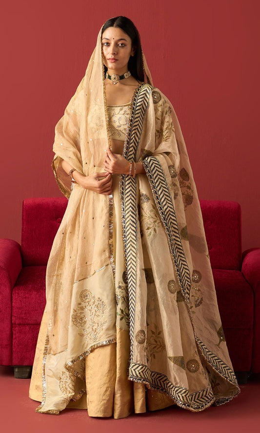 Rangeela Ivory gold tissue Mughal block print patch work lehenga with blouse and  2 dupattas ( set of 4)