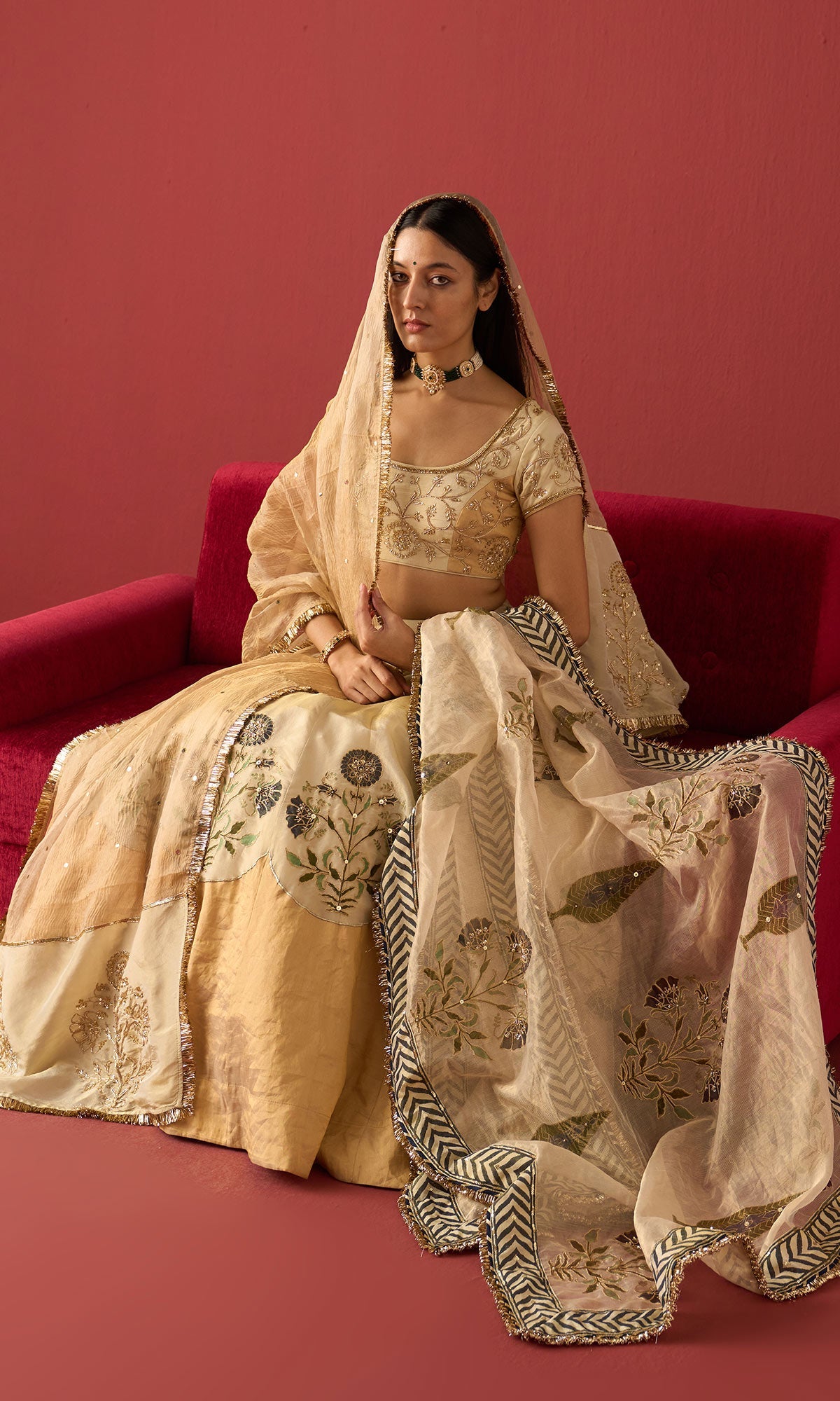 Rangeela Ivory gold tissue Mughal block print patch work lehenga with blouse and  crush tissue dupatta ( set of 3)