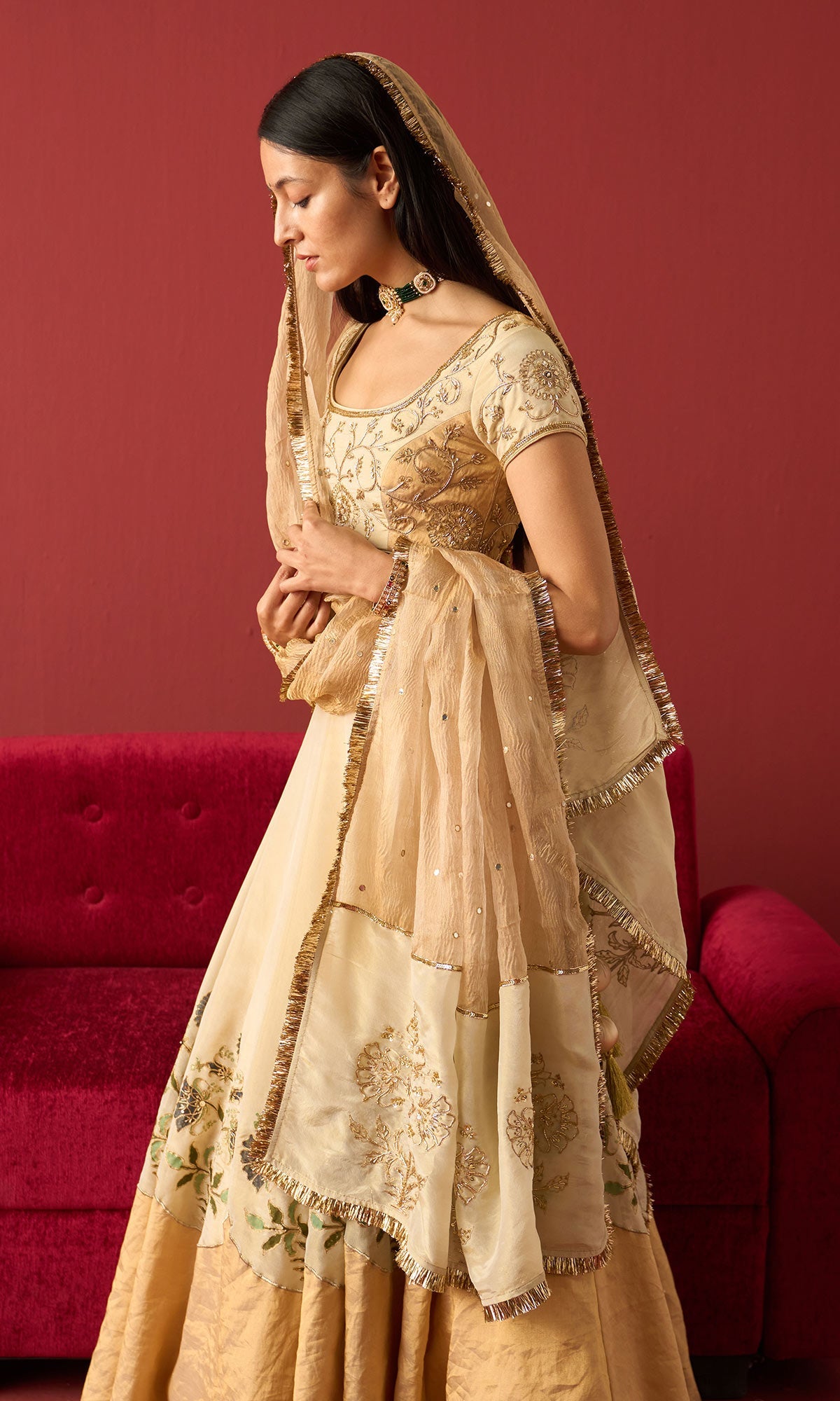 Rangeela Ivory gold tissue Mughal block print patch work lehenga with blouse and  crush tissue dupatta ( set of 3)