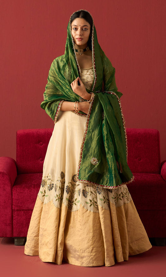 Rangeela Ivory gold tissue Mughal block print patch work lehenga with blouse and dupatta ( set of 3)