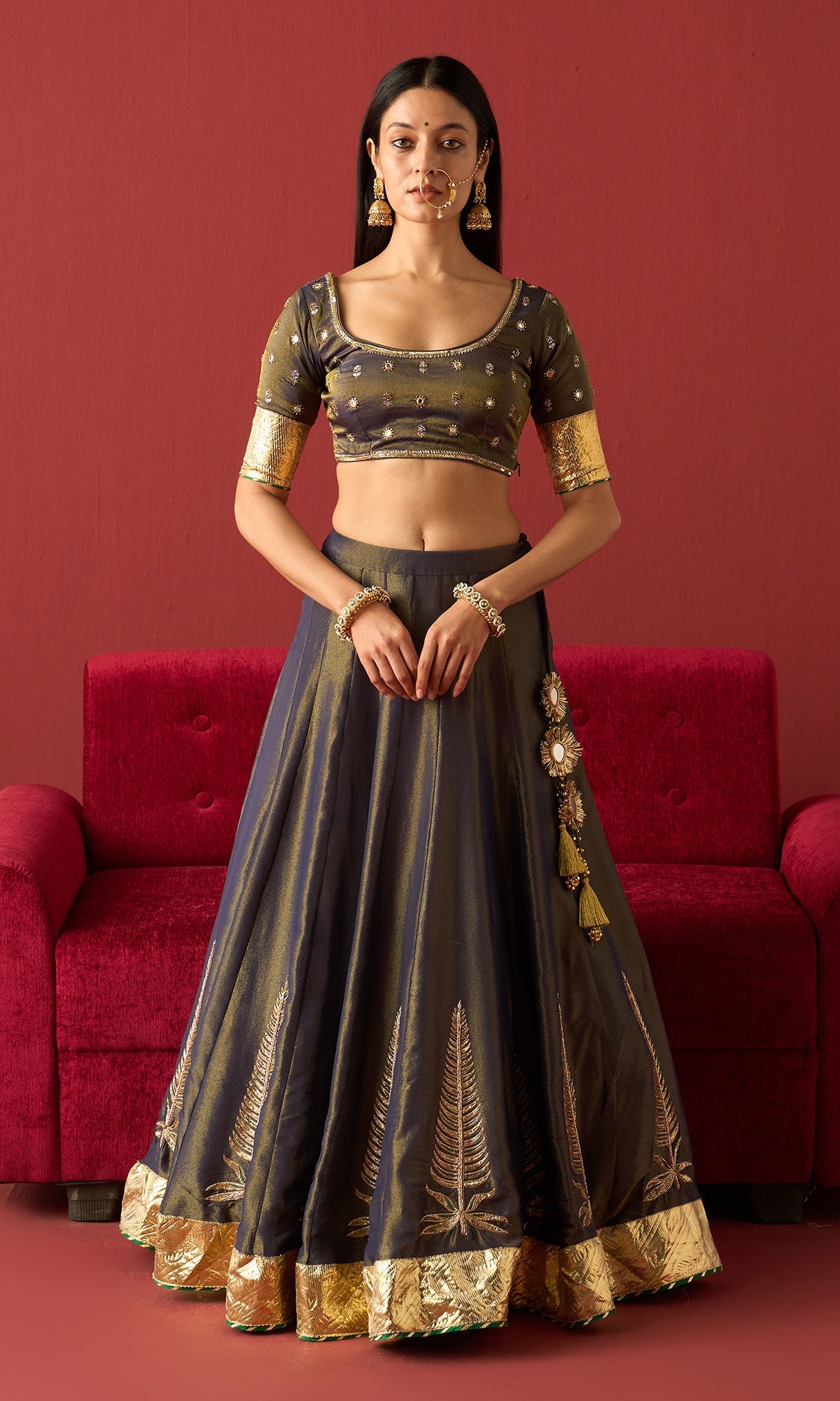 Rangeela Blue tissue embroidered lehenga with blouse and green tissue dupatta ( set of 3)
