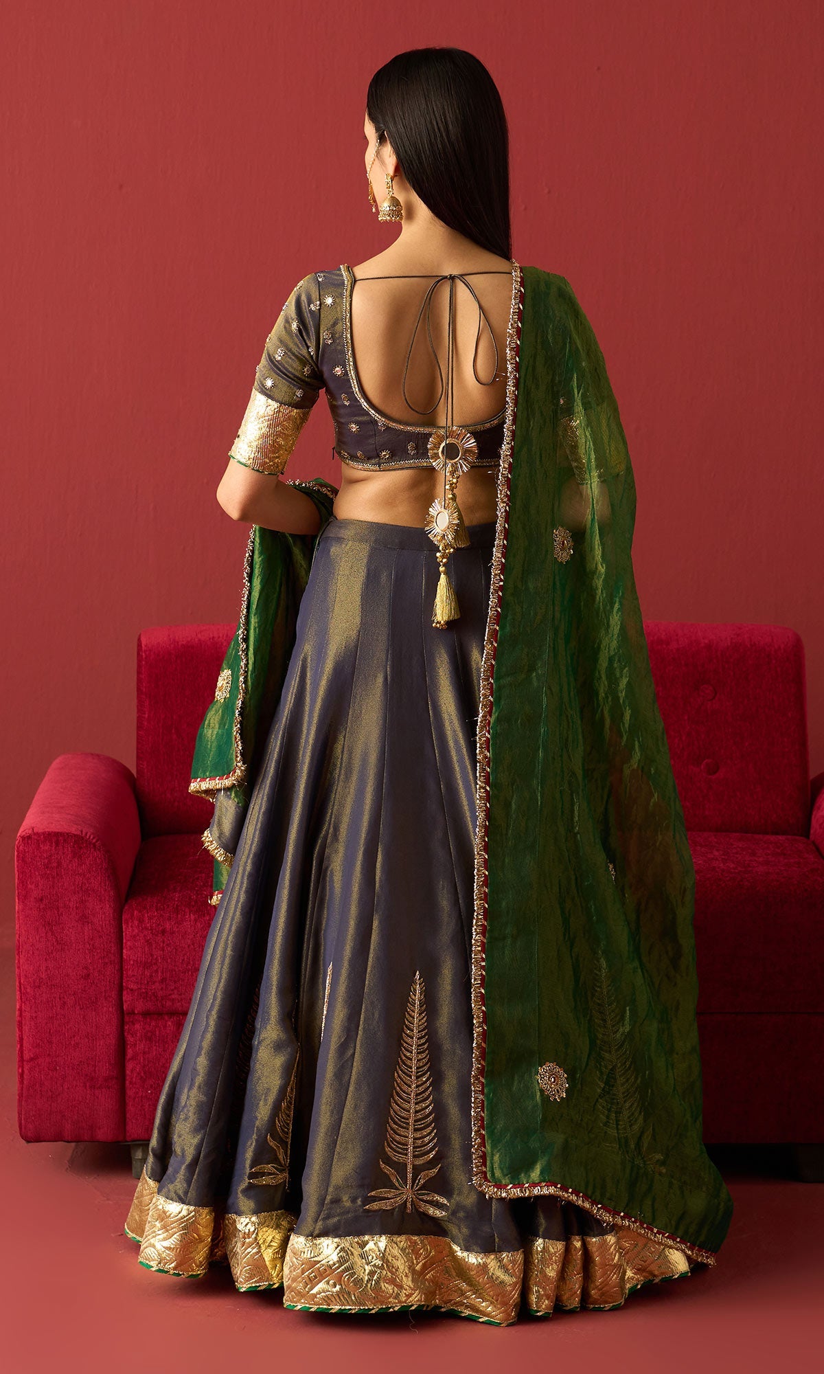 Rangeela Blue tissue embroidered lehenga with blouse and green tissue dupatta ( set of 3)