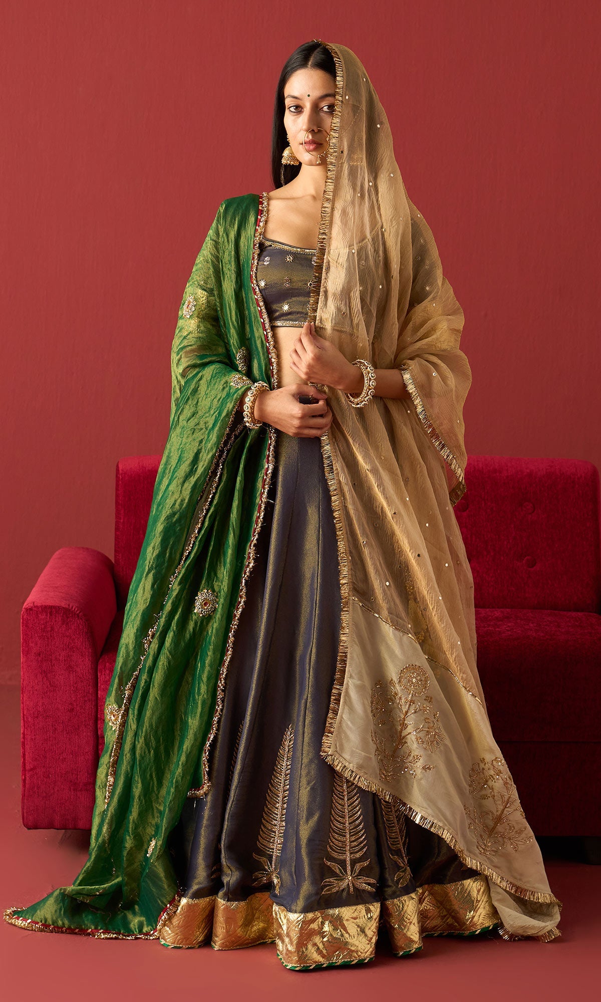 Rangeela Blue tissue embroidered lehenga with blouse and 2 tissue  dupattas ( set of 4)