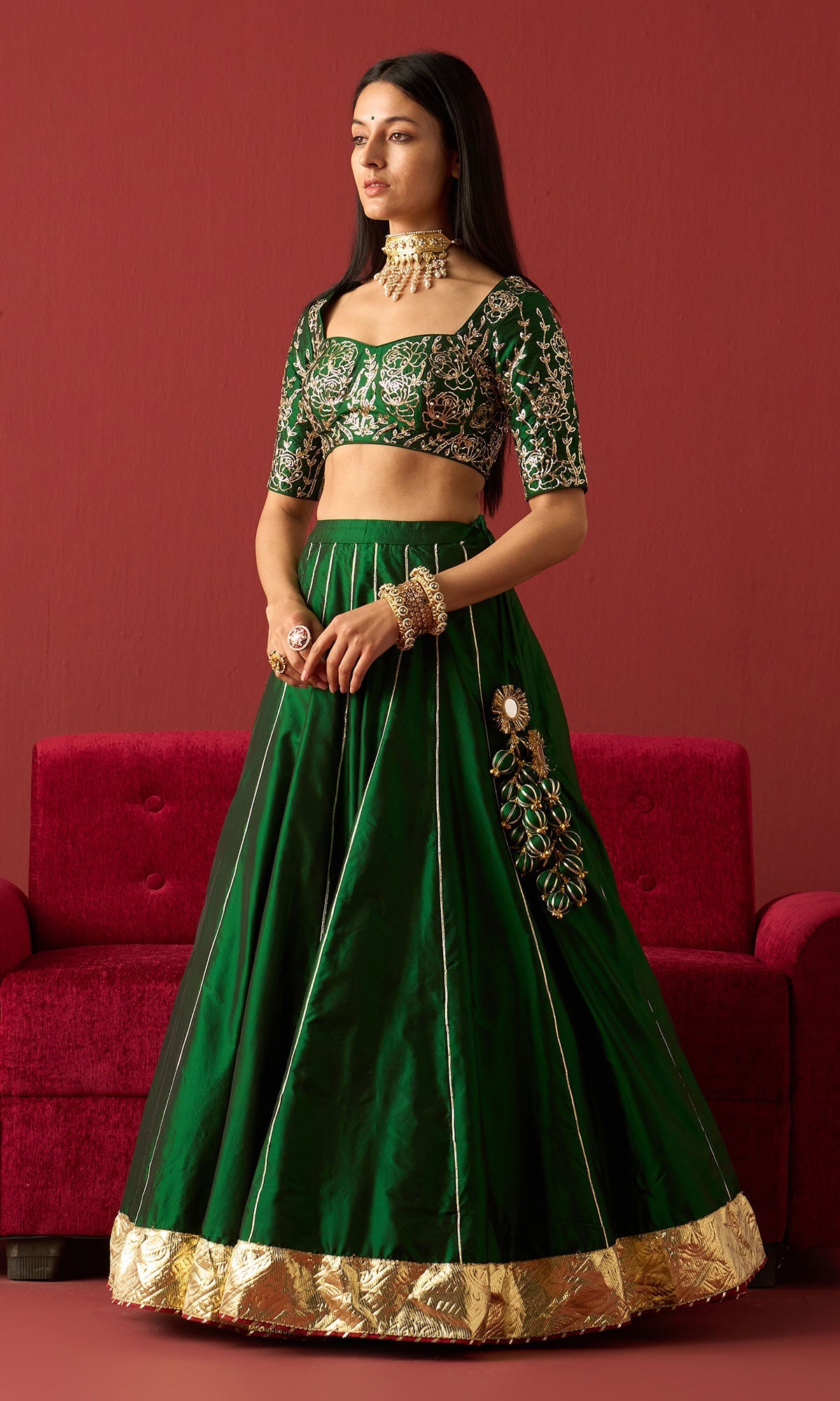Rangeela Green silk lehenga with embroidered blouse and green tissue dupatta ( set of 3)