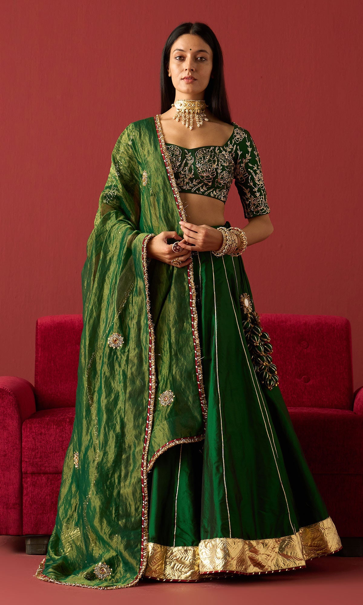 Rangeela Green silk lehenga with embroidered blouse and green tissue dupatta ( set of 3)