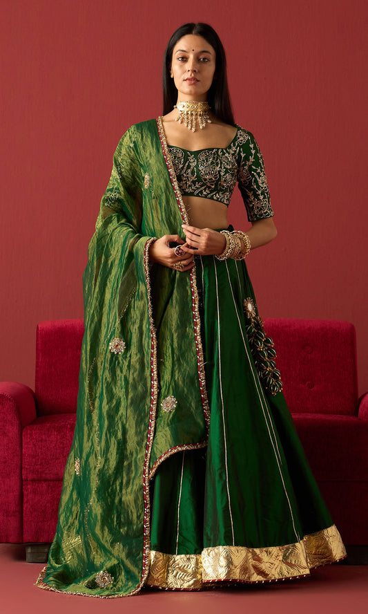 Rangeela Green silk lehenga with embroidered blouse and green tissue dupatta ( set of 3)
