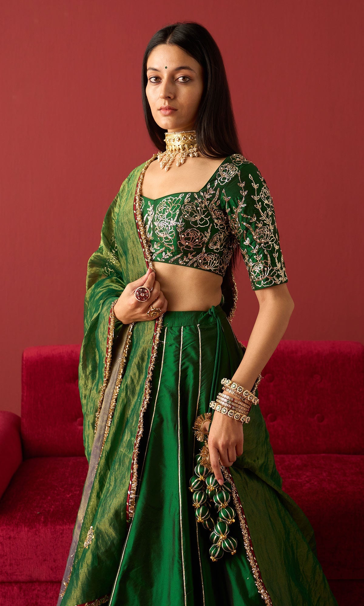 Rangeela Green silk lehenga with embroidered blouse and green tissue dupatta ( set of 3)