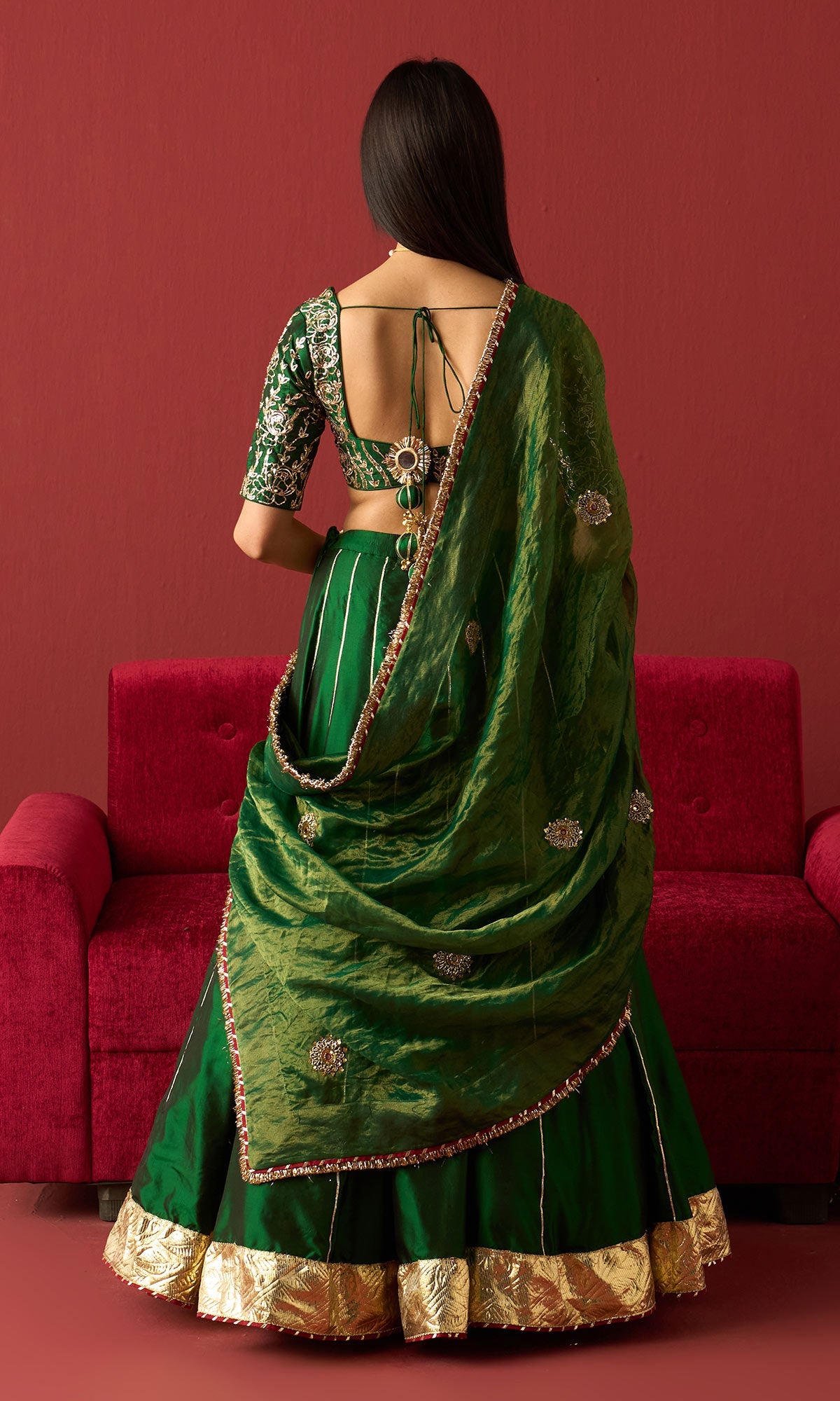 Rangeela Green silk lehenga with embroidered blouse and green tissue dupatta ( set of 3)