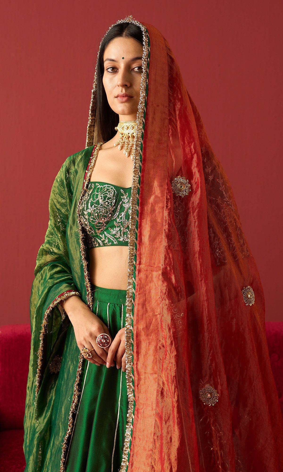 Rangeela Green silk lehenga with embroidered blouse and  2 tissue dupattas ( set of 4)
