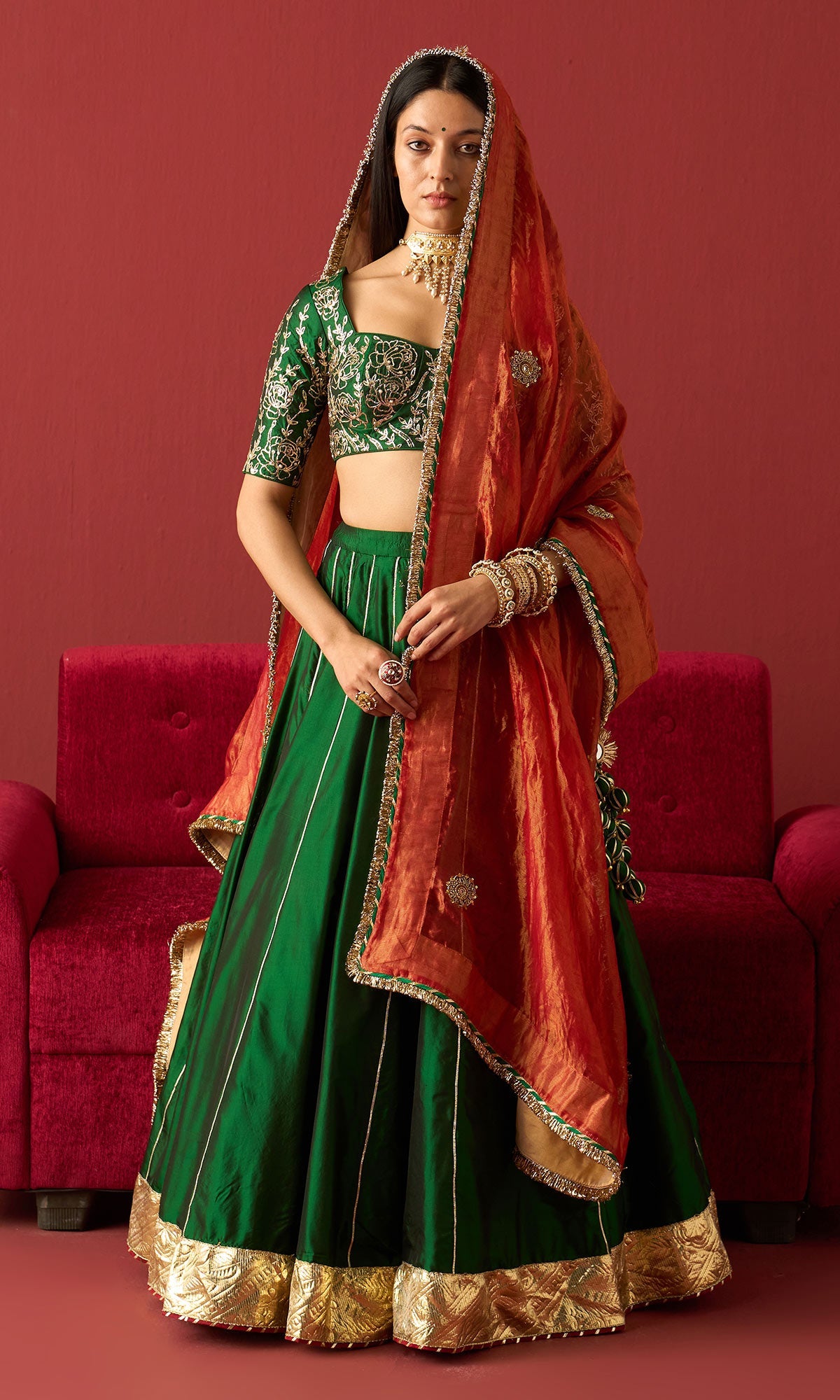 Rangeela Green silk lehenga with embroidered blouse and  2 tissue dupattas ( set of 4)