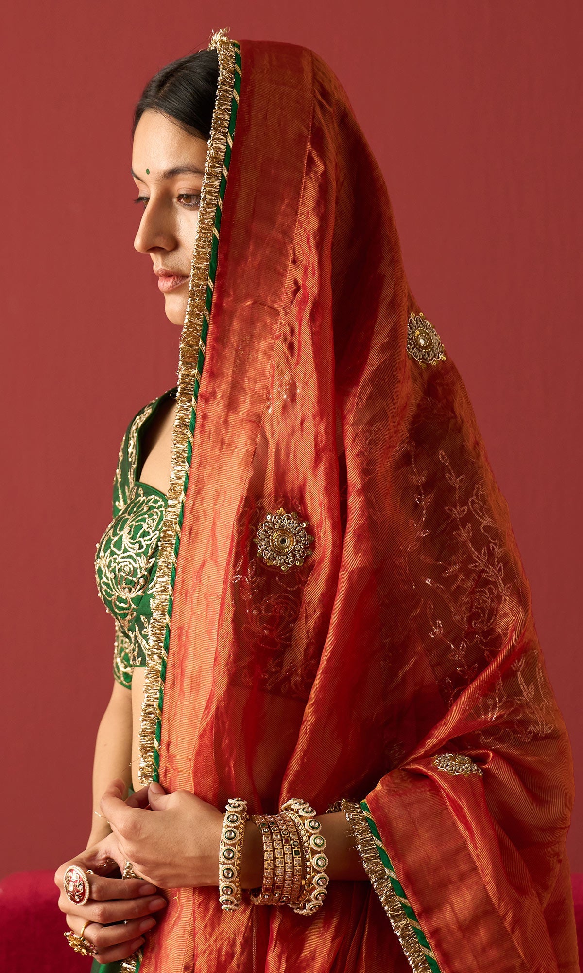 Rangeela Green silk lehenga with embroidered blouse and  2 tissue dupattas ( set of 4)
