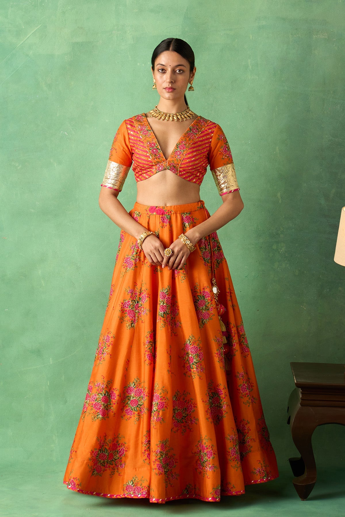 Rangeela Orange Floral Lehenga with Blouse and Dupatta ( Set of 3)