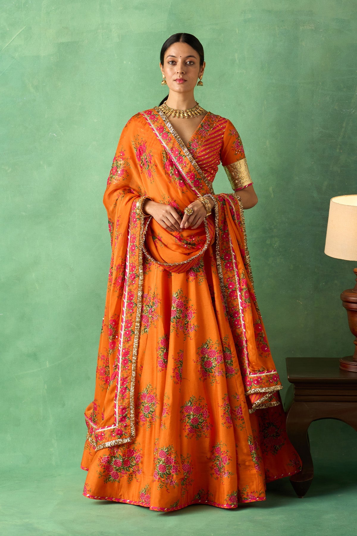 Rangeela Orange Floral Lehenga with Blouse and Dupatta ( Set of 3)
