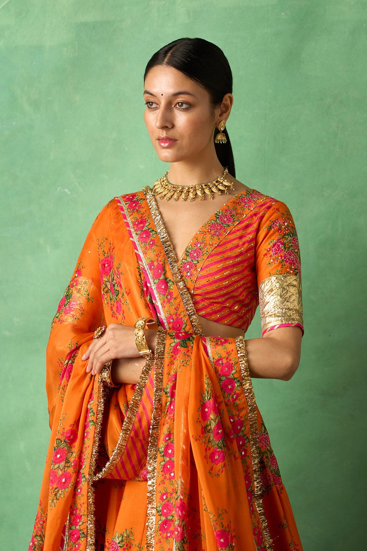 Rangeela Orange Floral Lehenga with Blouse and Dupatta ( Set of 3)