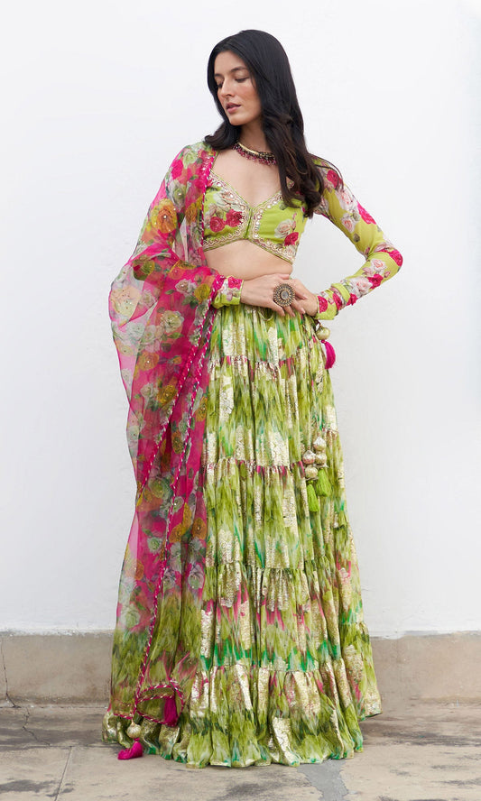 Gulafsha Neon Green Lehenga With Floral Blouse And Dupatta ( Set Of 3)