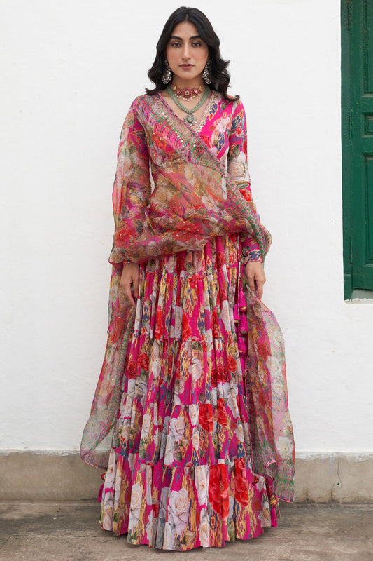 Gulafsha Ikat Floral Pink Lehenga With Blouse And Dupatta (Set Of 3)