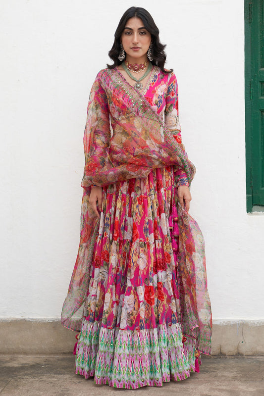 Gulafsha Ikat Border Floral Pink Lehenga With Blouse And Dupatta( Set Of 3)