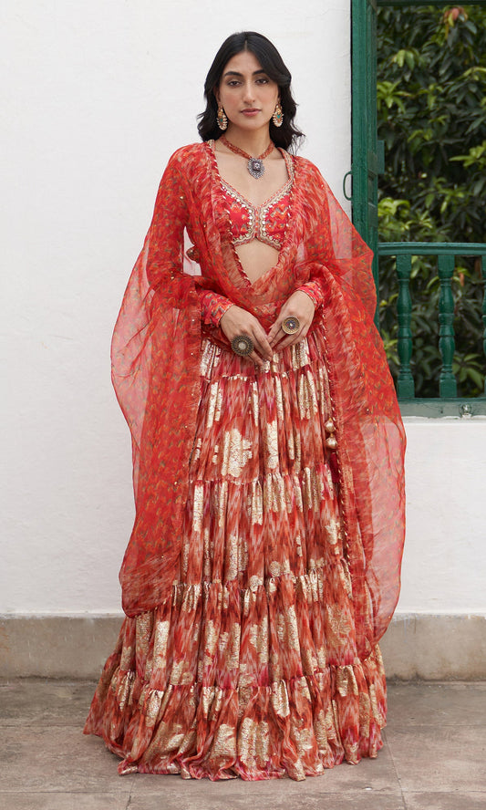 Gulafsha Rust Lehenga With Floral Blouse And Dupatta ( Set Of 3)