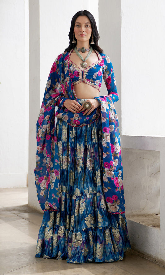 Gulafsha Blue Lehenga With Floral Blouse And Dupatta ( Set Of 3)
