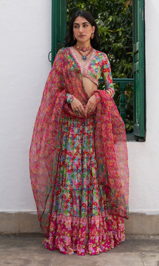 Gulafsha Multi Ikat Floral Print Lehenga With Blouse And Dupatta ( Set Of 3)