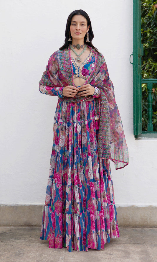 Gulafsha Ikat Floral Blue Lehenga With Blouse And Dupatta (Set Of 3)