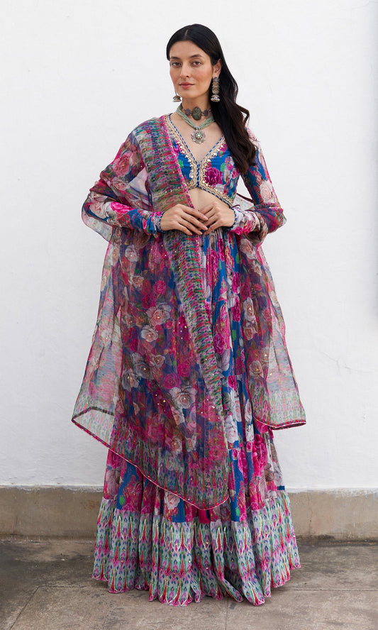 Gulafsha Ikat Border Floral Blue Lehenga With Blouse And Dupatta( Set Of 3)