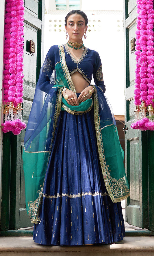 Jhilmil Mukaish Blue Lehenga With Blouse And Dupatta Set Of 3