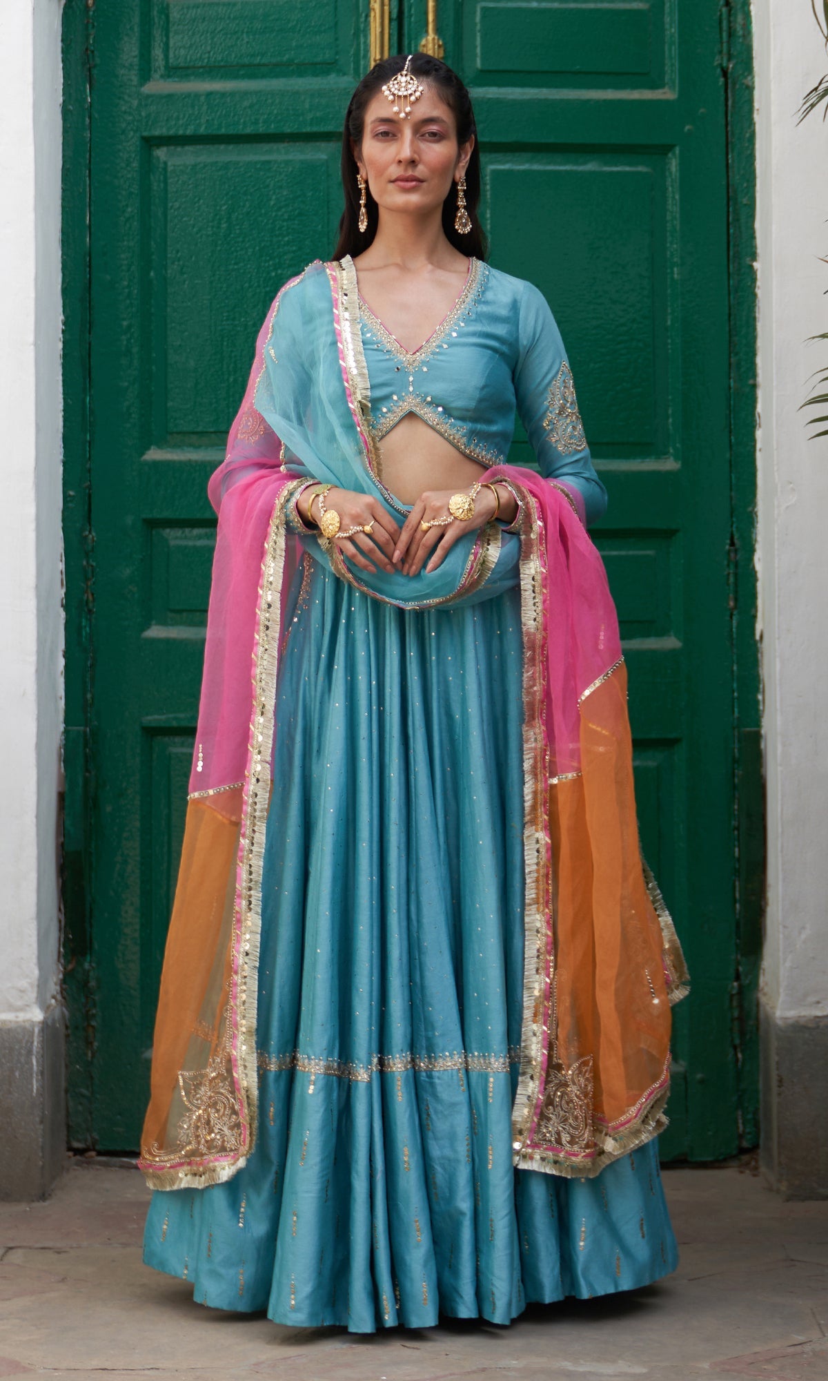 Jhilmil Mukaish Turquoise Lehenga With Blouse And Dupatta Set Of 3
