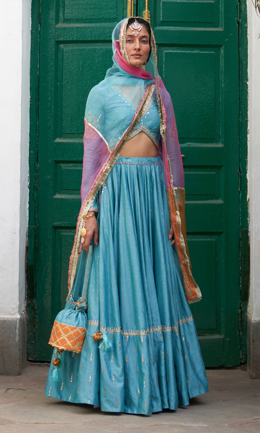 Jhilmil Mukaish Turquoise Lehenga With Blouse And Dupatta Set Of 3