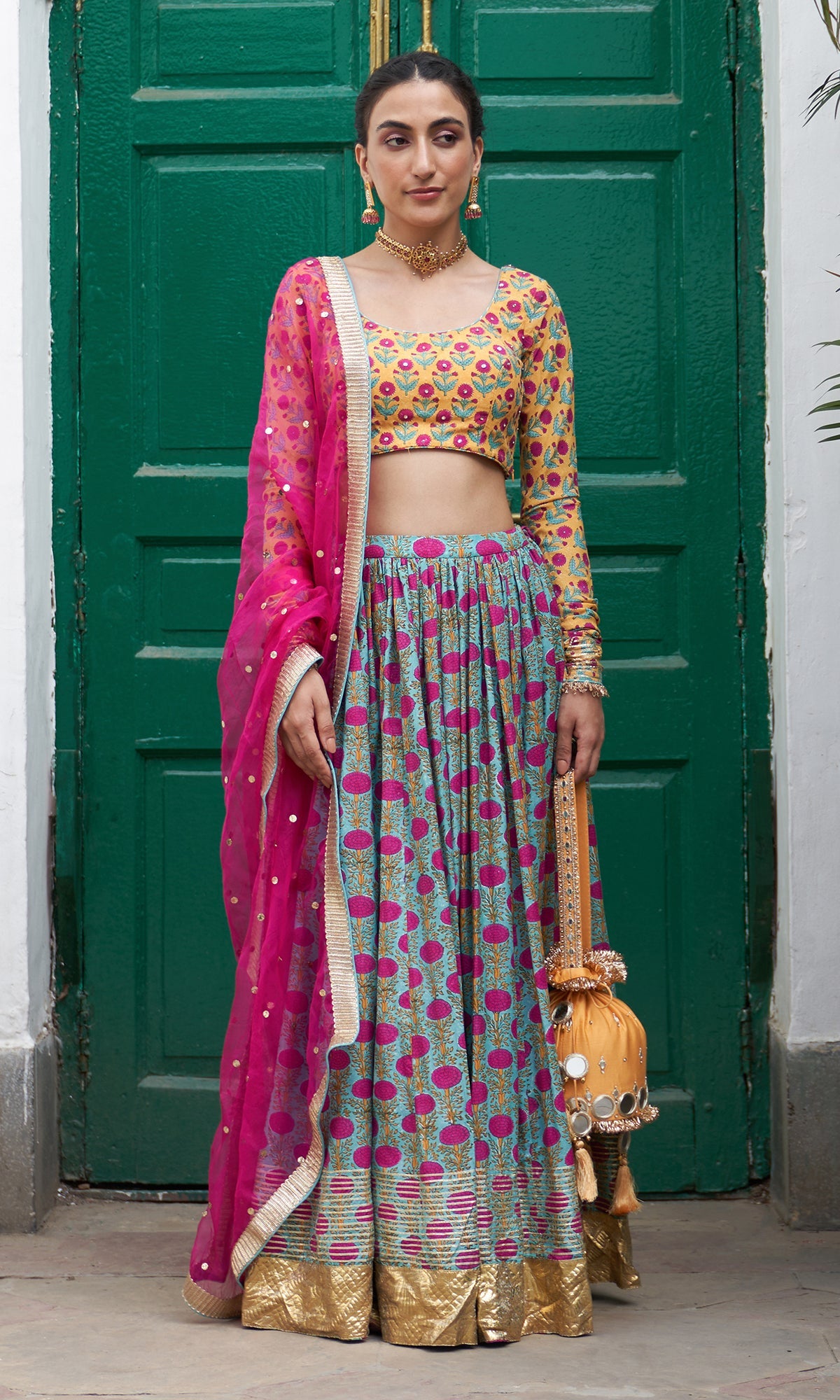 Jhilmil  Block Printed Mustard-turquoise Lehenga With Blouse And Dupatta Set Of 3