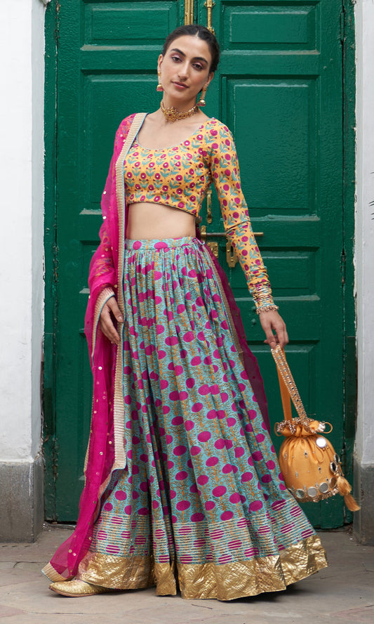 Jhilmil  Block Printed Mustard-turquoise Lehenga With Blouse And Dupatta Set Of 3