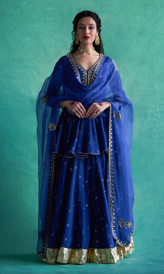 Haseena Blue Mukaish Chanderi Lehenga With  Kurti And Organza Dupatta - Set Of 3