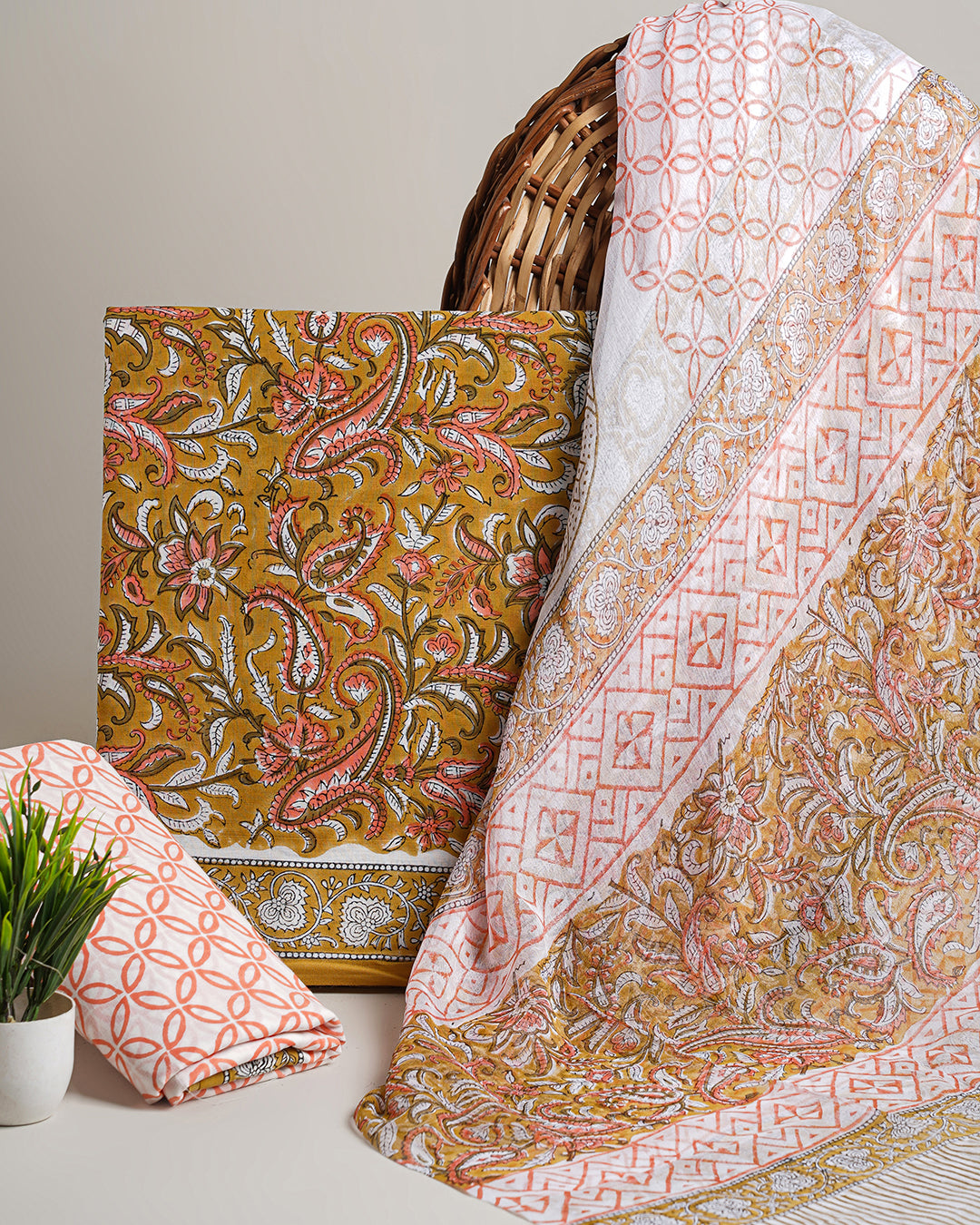 New Brown Sanganeri Jaal  Printed Cotton Suit With Chiffon Dupatta CFCOTCH17