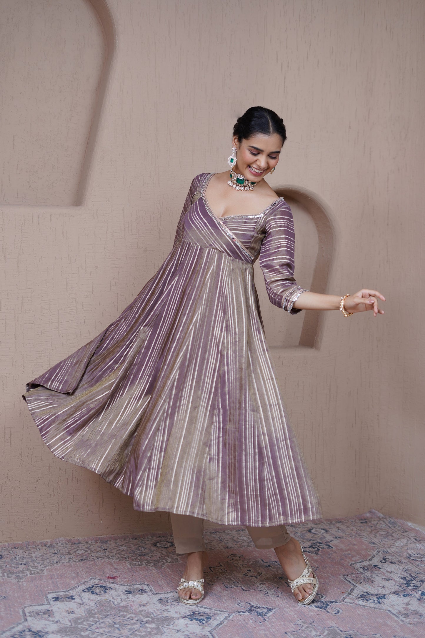 Nazaakat Resham Bronze Striped Anarkali Set
