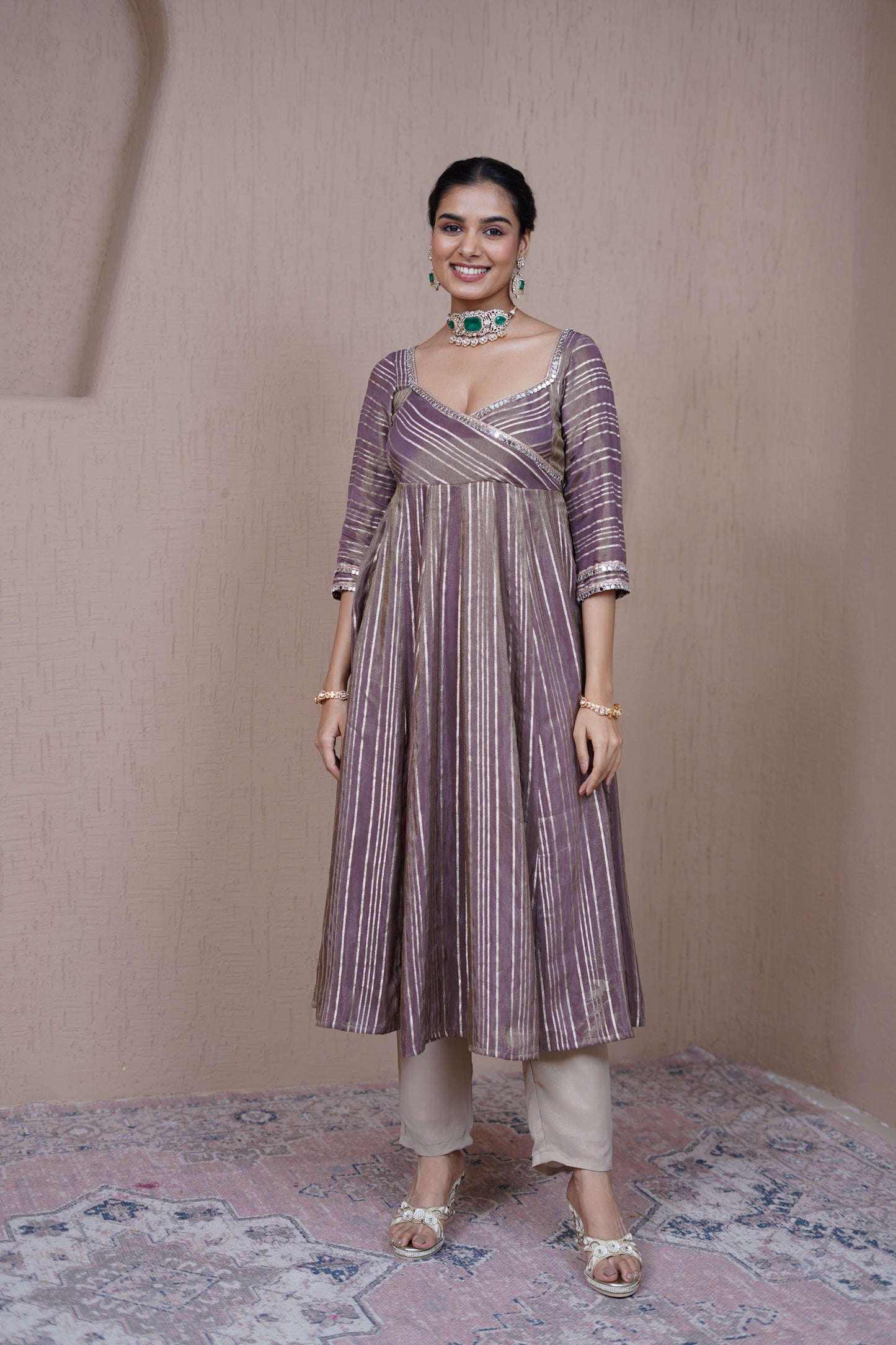 Nazaakat Resham Bronze Striped Anarkali Set