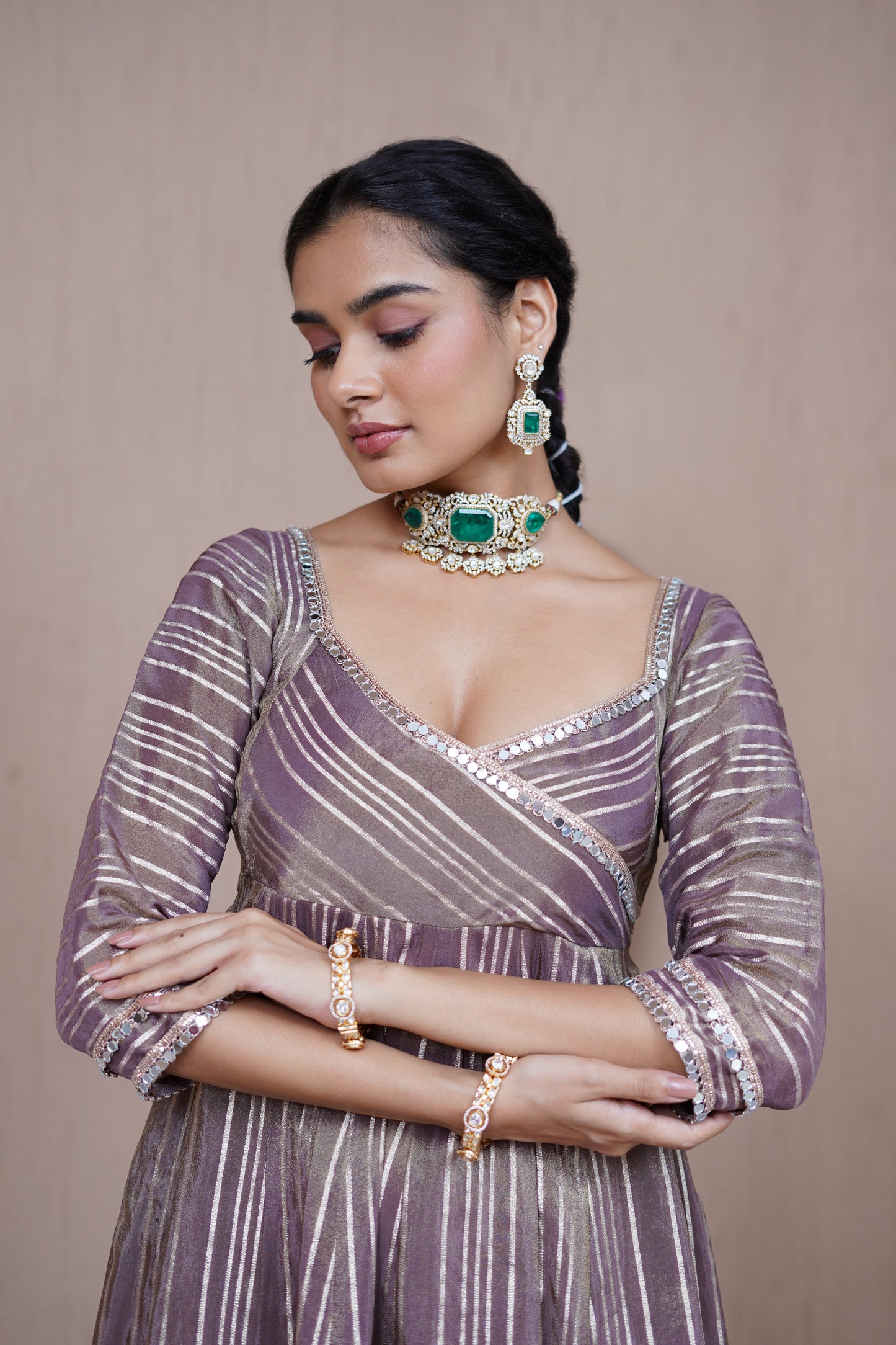 Nazaakat Resham Bronze Striped Anarkali Set